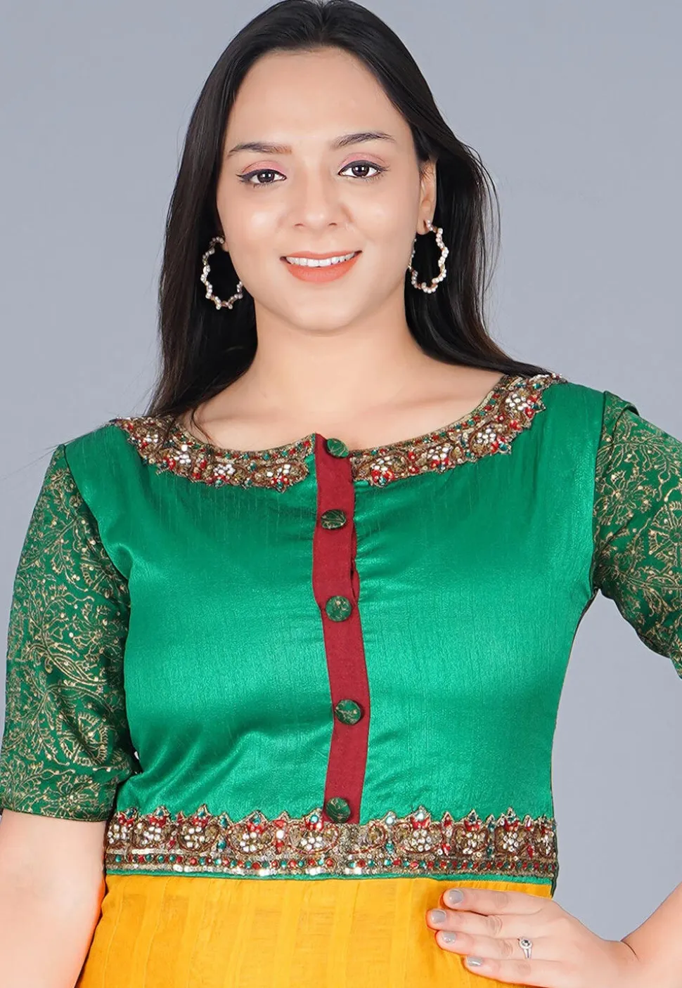 Embroidered Chanderi Cotton Abaya Style Suit in Green and Mustard