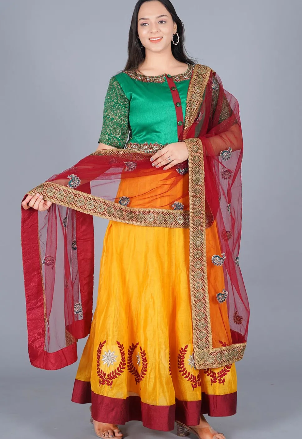 Embroidered Chanderi Cotton Abaya Style Suit in Green and Mustard