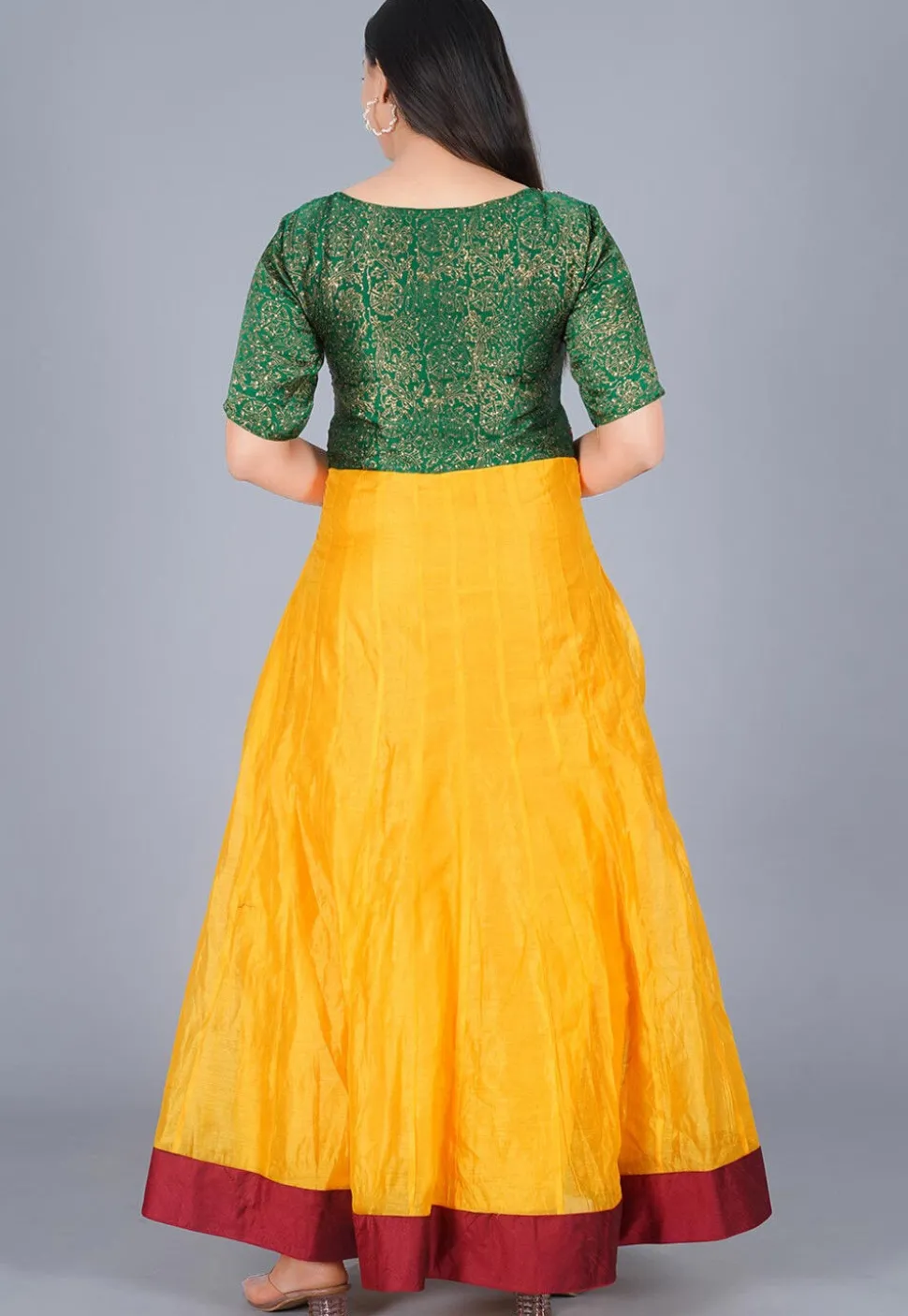 Embroidered Chanderi Cotton Abaya Style Suit in Green and Mustard
