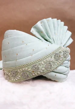 Embroidered Chanderi Cotton Jacquard Turban in Sea Green