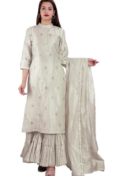 Embroidered Chanderi Cotton Pakistani Suit in Off White