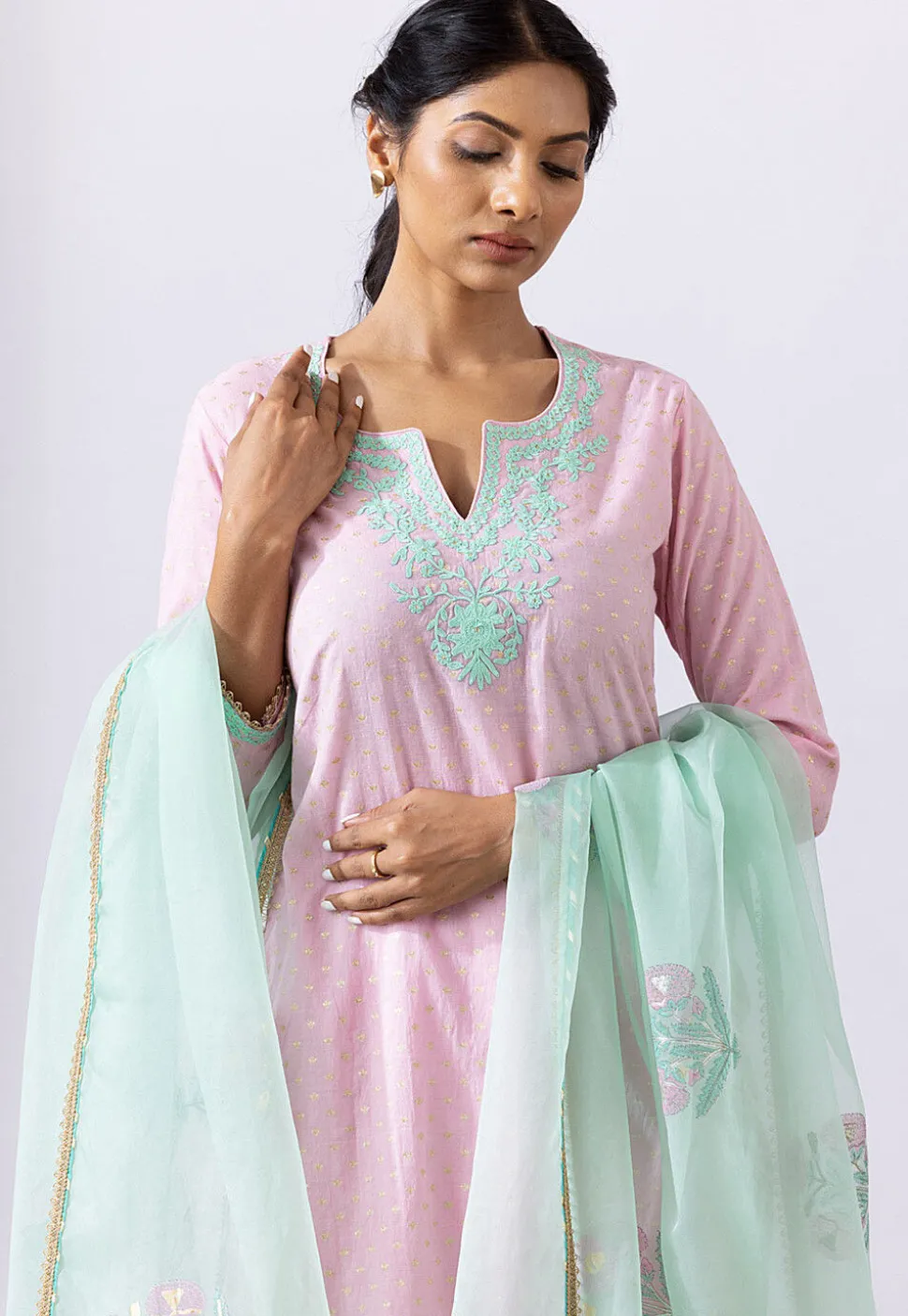 Embroidered Chanderi Cotton Pakistani Suit in Light Pink