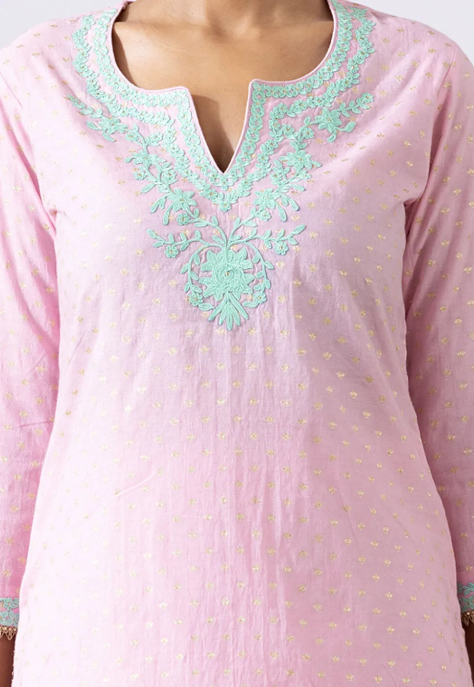 Embroidered Chanderi Cotton Pakistani Suit in Light Pink