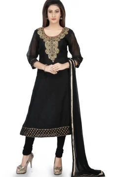 Embroidered Chanderi Cotton A Line Suit in Black
