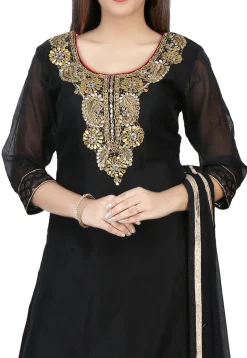 Embroidered Chanderi Cotton A Line Suit in Black