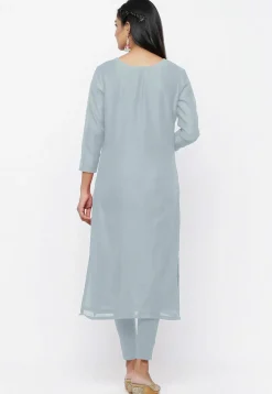 Embroidered Chanderi Cotton Straight cut Suit in Pastel Grey