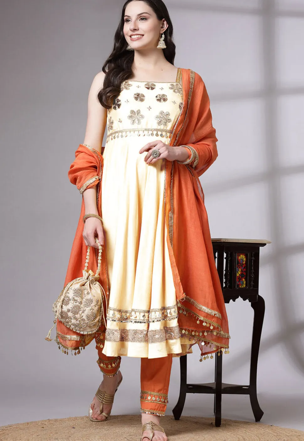 Embroidered Chanderi Cotton Anarkali Suit in Cream