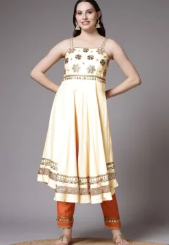 Embroidered Chanderi Cotton Anarkali Suit in Cream