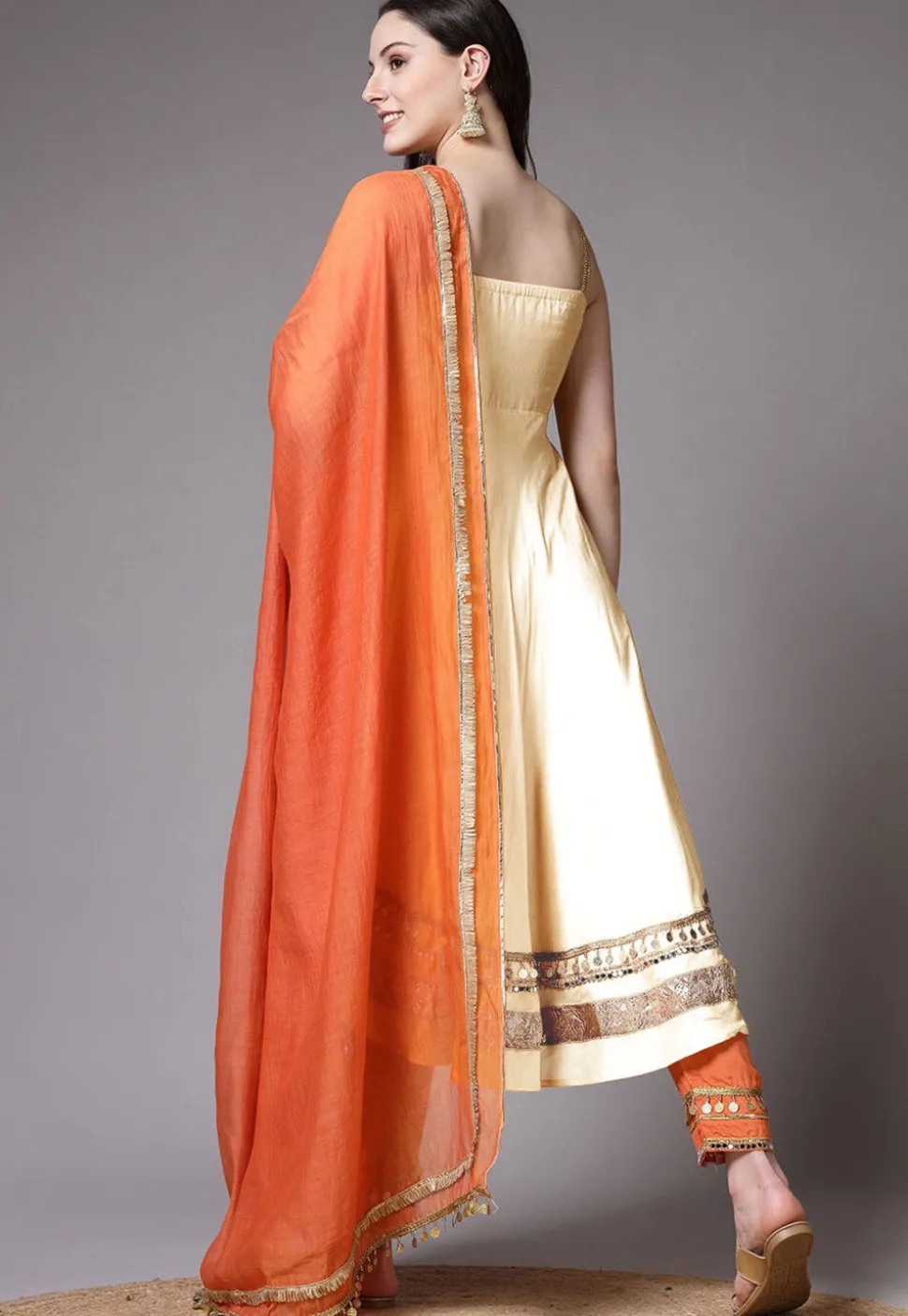 Embroidered Chanderi Cotton Anarkali Suit in Cream