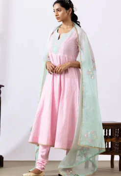 Embroidered Chanderi Cotton Anarkali Suit in Light Pink