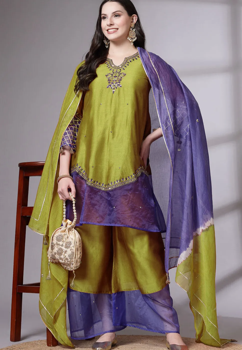 Embroidered Chanderi Cotton and Organza Pakistani Suit in Olive Green