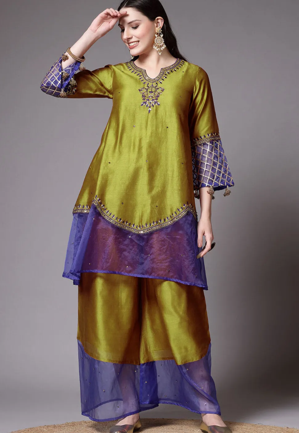 Embroidered Chanderi Cotton and Organza Pakistani Suit in Olive Green