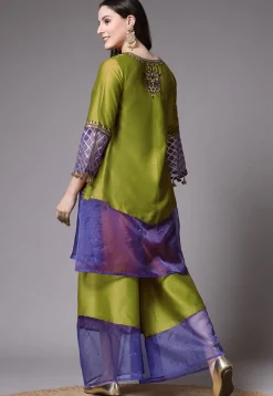 Embroidered Chanderi Cotton and Organza Pakistani Suit in Olive Green