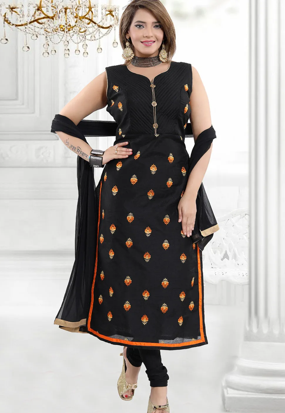 Embroidered Chanderi Cotton Straight Suit in Black