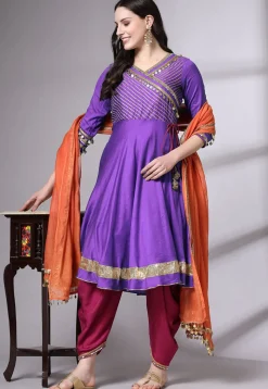 Embroidered Chanderi Cotton Aline Suit in Purple