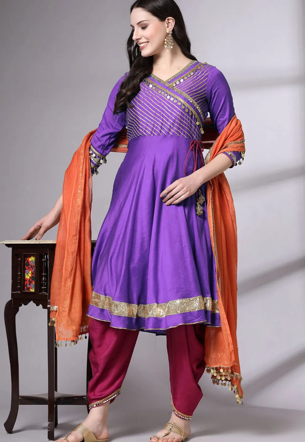 Embroidered Chanderi Cotton Aline Suit in Purple