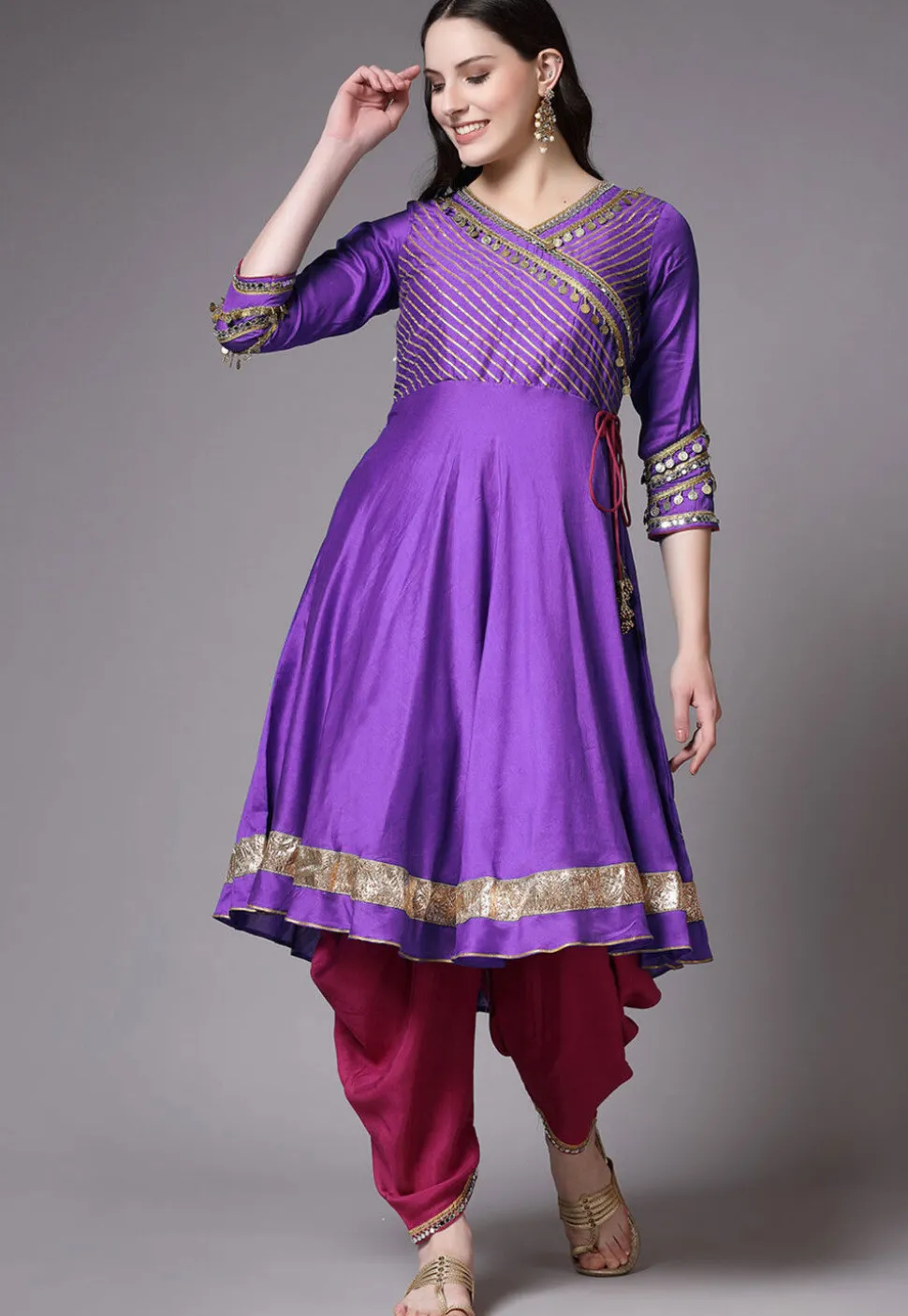 Embroidered Chanderi Cotton Aline Suit in Purple
