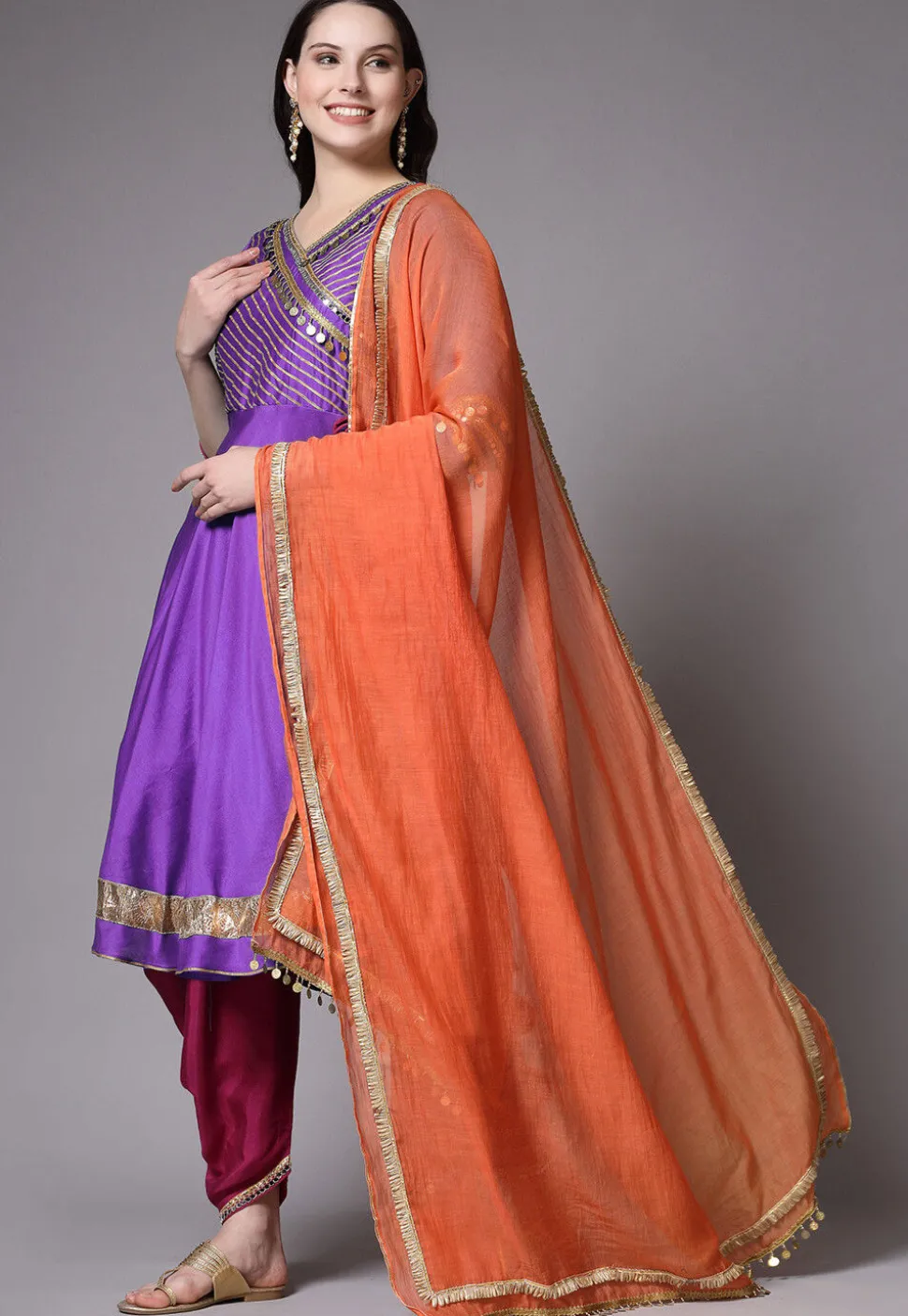 Embroidered Chanderi Cotton Aline Suit in Purple