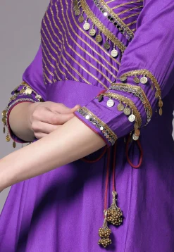 Embroidered Chanderi Cotton Aline Suit in Purple