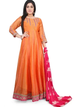 Embroidered Chanderi Cotton Abaya Style Suit in Orange