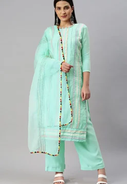 Embroidered Chanderi Cotton Pakistani Suit in Sea Green