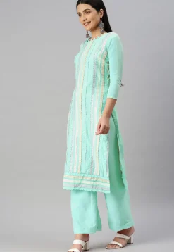 Embroidered Chanderi Cotton Pakistani Suit in Sea Green