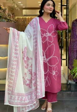 Embroidered Chanderi Cotton Pakistani Suit in Pink