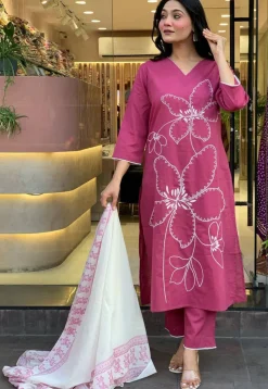 Embroidered Chanderi Cotton Pakistani Suit in Pink