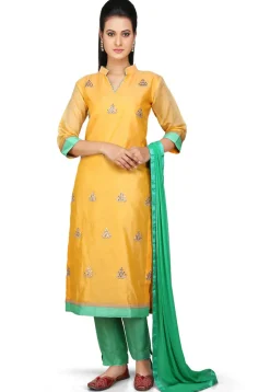 Embroidered Chanderi Cotton Straight Suit in Yellow