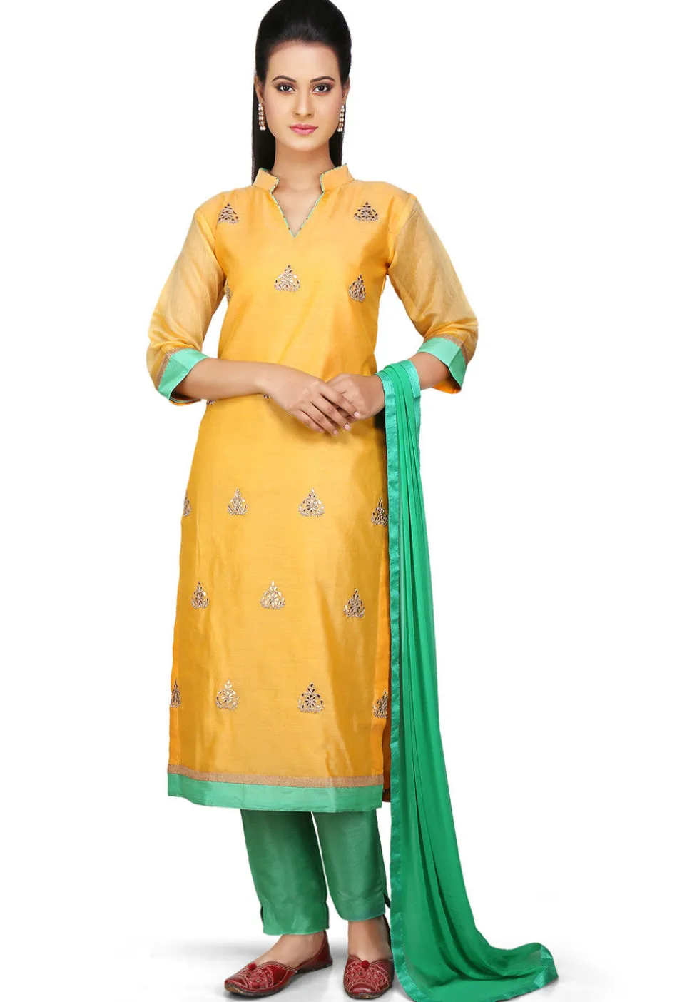 Embroidered Chanderi Cotton Straight Suit in Yellow