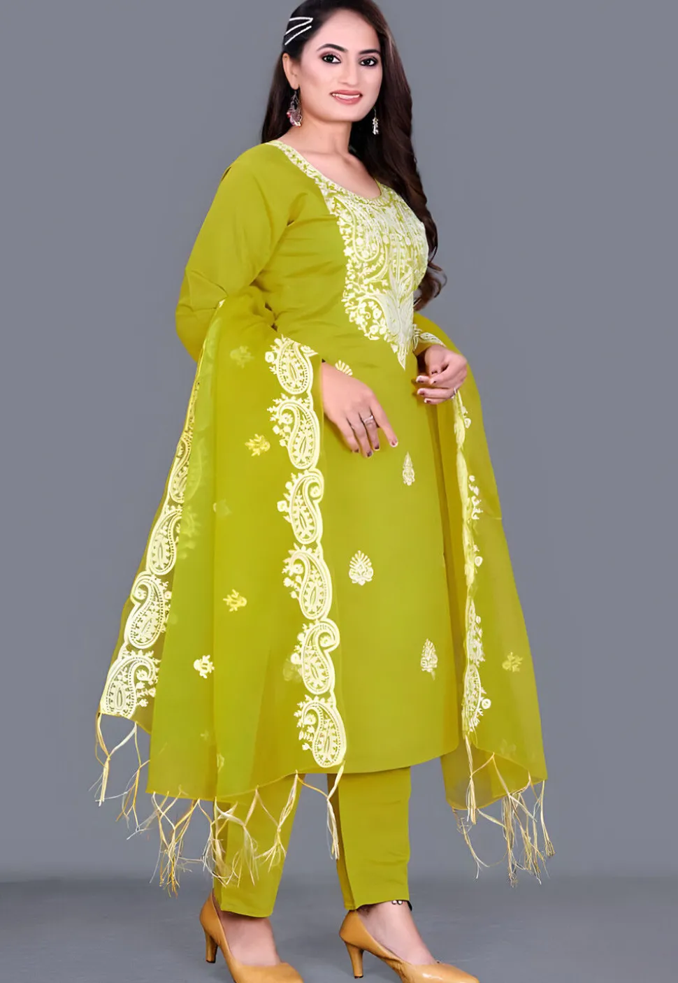 Embroidered Chanderi Cotton Pakistani Suit in Olive Green