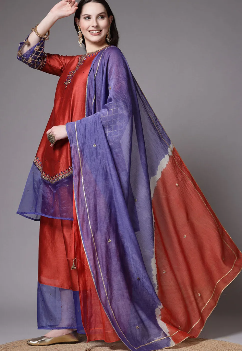 Embroidered Chanderi Cotton Pakistani Suit in Red