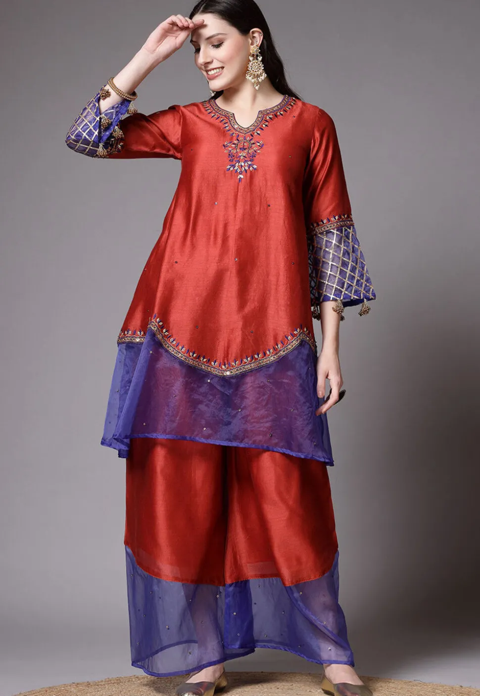 Embroidered Chanderi Cotton Pakistani Suit in Red