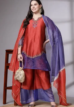 Embroidered Chanderi Cotton Pakistani Suit in Red