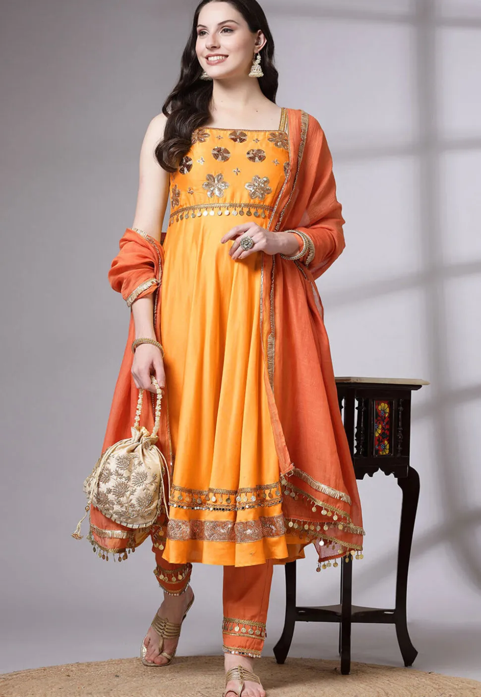 Embroidered Chanderi Cotton Anarkali Suit in Mustard
