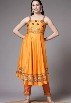 Embroidered Chanderi Cotton Anarkali Suit in Mustard