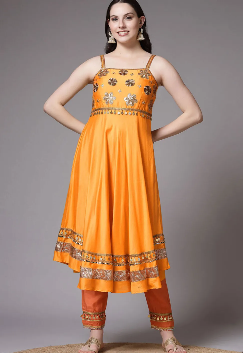 Embroidered Chanderi Cotton Anarkali Suit in Mustard