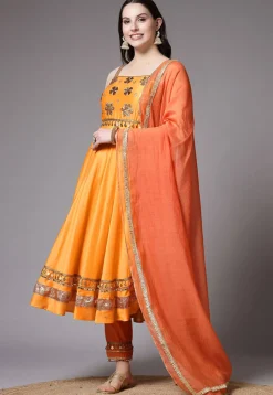 Embroidered Chanderi Cotton Anarkali Suit in Mustard