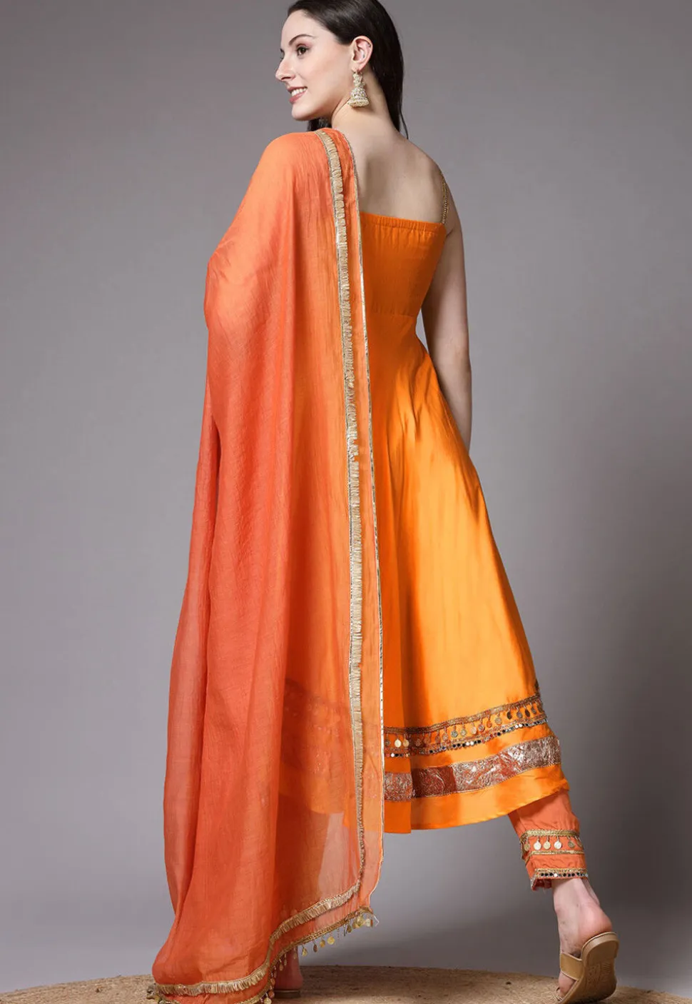 Embroidered Chanderi Cotton Anarkali Suit in Mustard