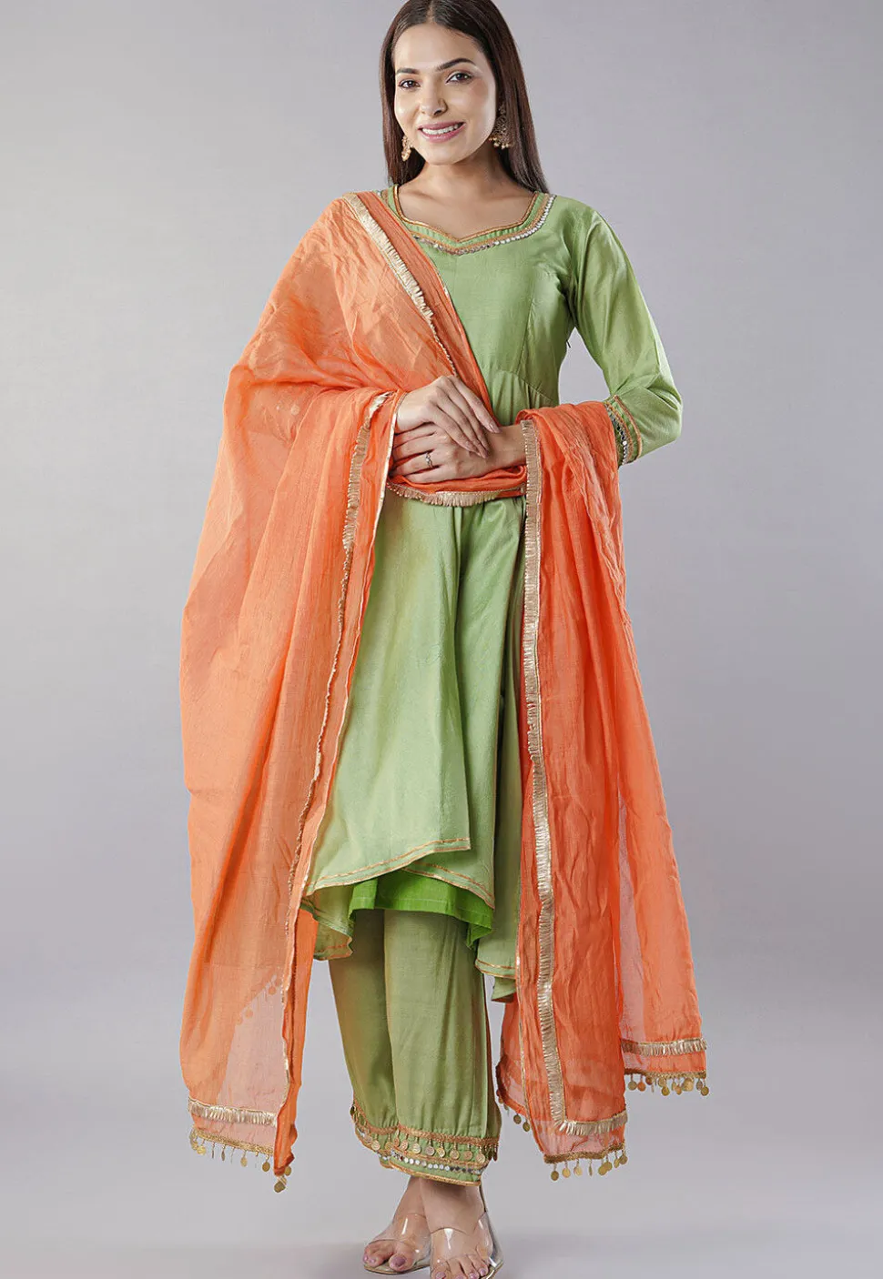 Embroidered Chanderi Cotton Aline Suit in Green