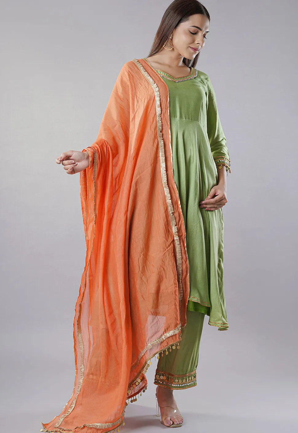Embroidered Chanderi Cotton Aline Suit in Green