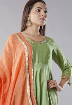 Embroidered Chanderi Cotton Aline Suit in Green