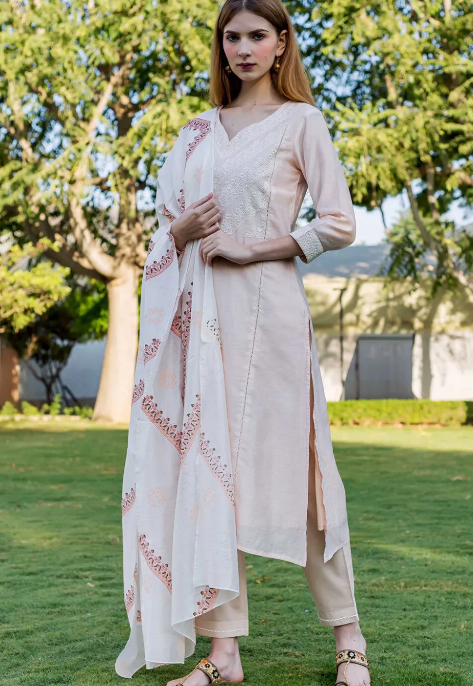 Embroidered Chanderi Cotton Pakistani Suit in Light Peach