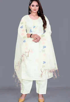 Embroidered Chanderi Cotton Pakistani Suit in Cream