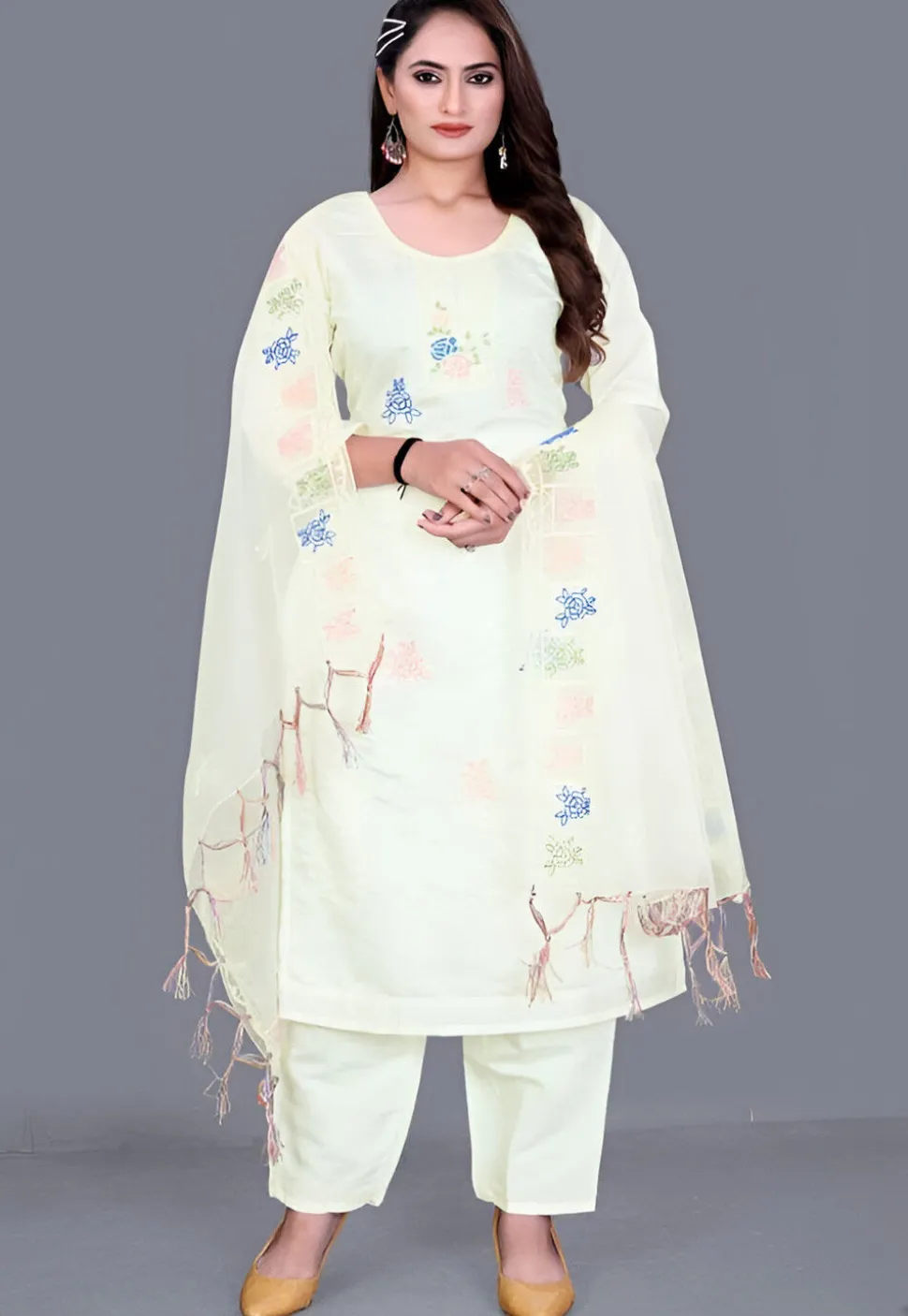 Embroidered Chanderi Cotton Pakistani Suit in Cream