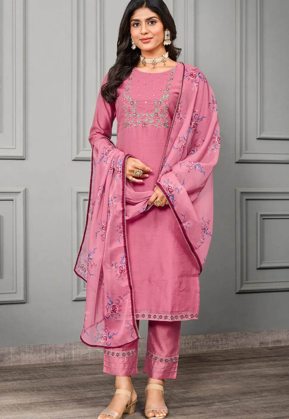 Embroidered Chanderi Cotton Pakistani Suit in Pink