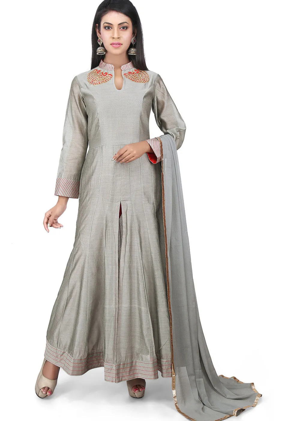 Embroidered Chanderi Cotton Anarkali Suit in Grey