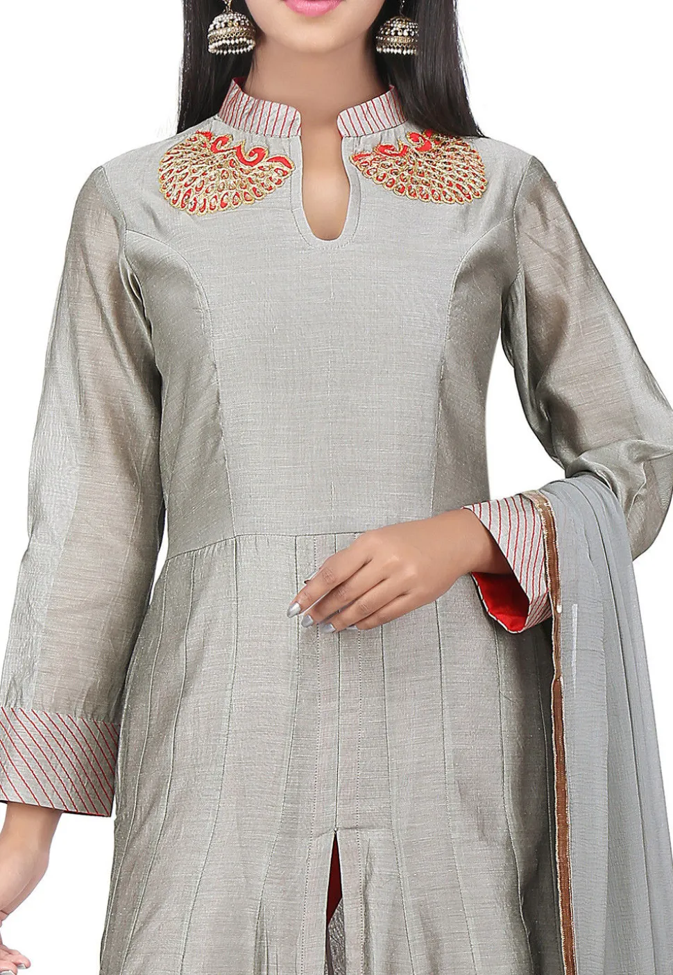Embroidered Chanderi Cotton Anarkali Suit in Grey