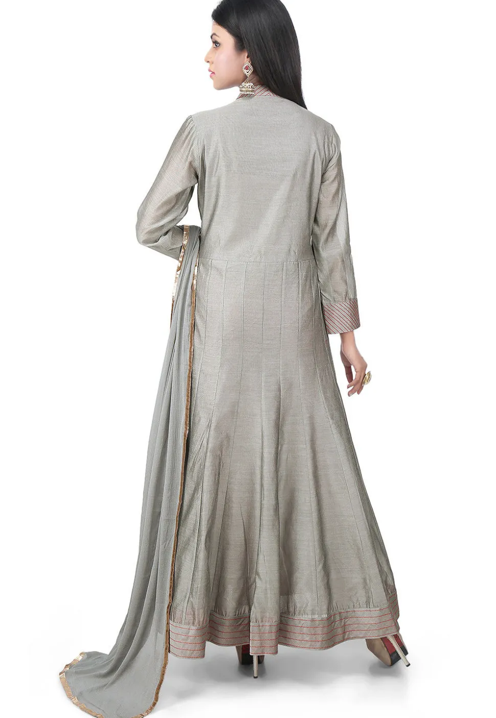 Embroidered Chanderi Cotton Anarkali Suit in Grey