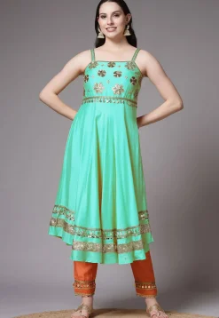 Embroidered Chanderi Cotton Anarkali Suit in Turquoise